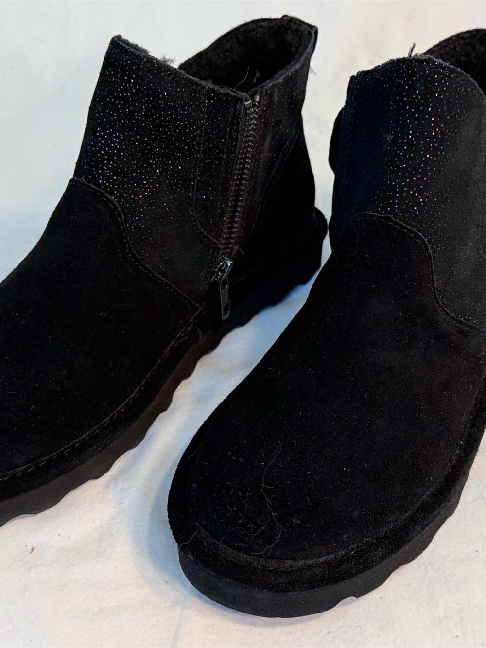 BearPaw Women's Black Suede Sparkle Ankle Booties with Side Zip Size 8